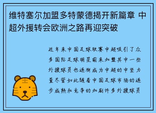 维特塞尔加盟多特蒙德揭开新篇章 中超外援转会欧洲之路再迎突破 维特塞尔加盟多特蒙德揭开新篇章 中超外援转会欧洲之路再迎突破